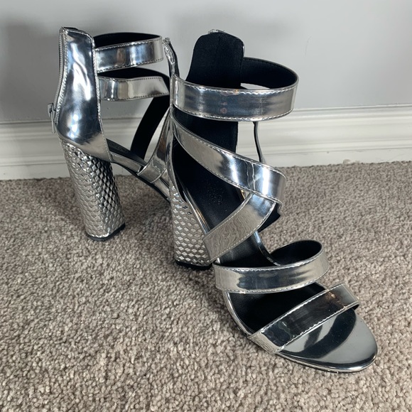 Strappy Silver Heels with Chunky Heel, Worn Once - Picture 4 of 5